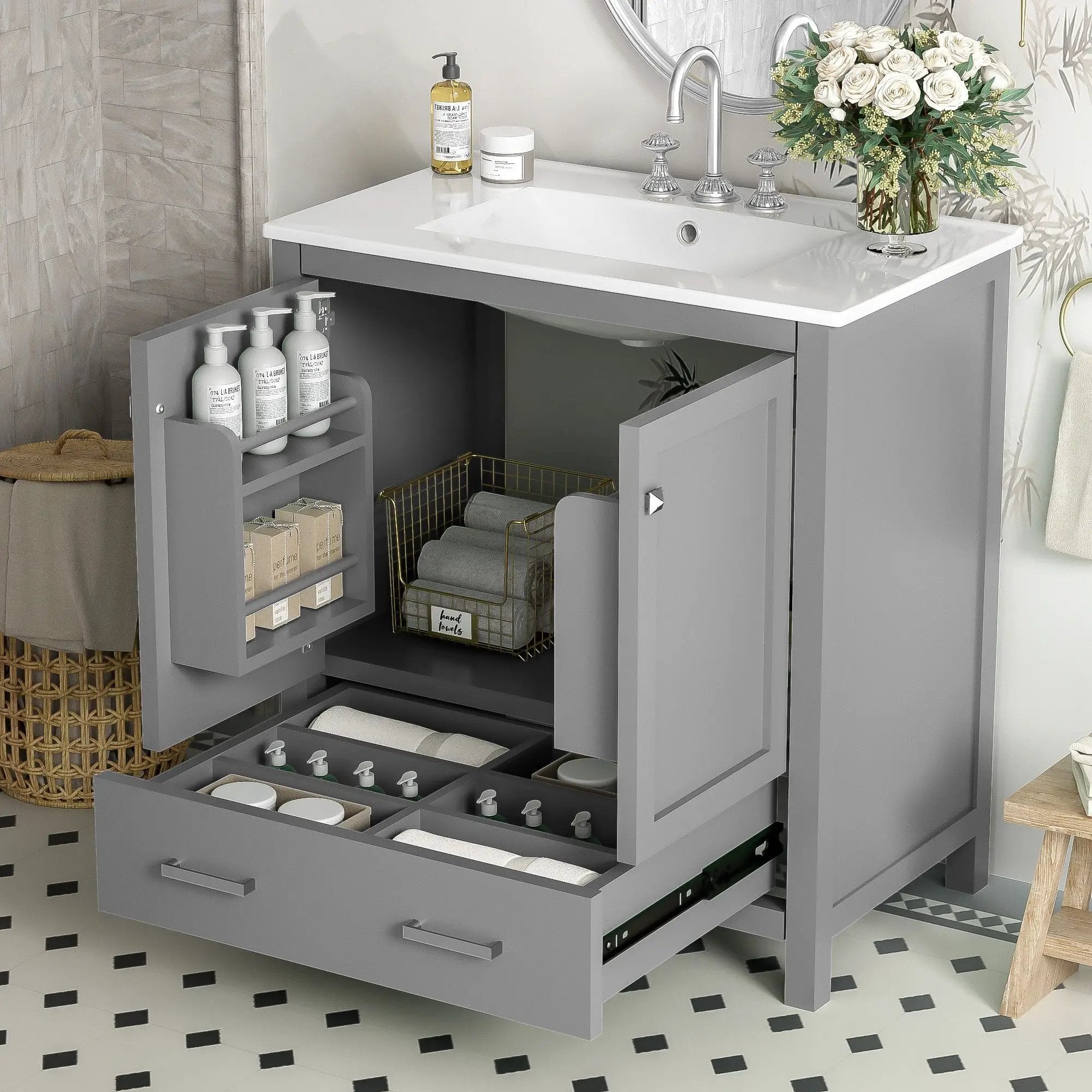 Bathroom Vanity With Single Sink, Combo Cabinet Undermount Sink, Bathroom Storage Cabinet With Two Doors And A Drawer, Soft Closing, Multifunctional Storage, Solid Wood Frame by Unique Piece Furniture