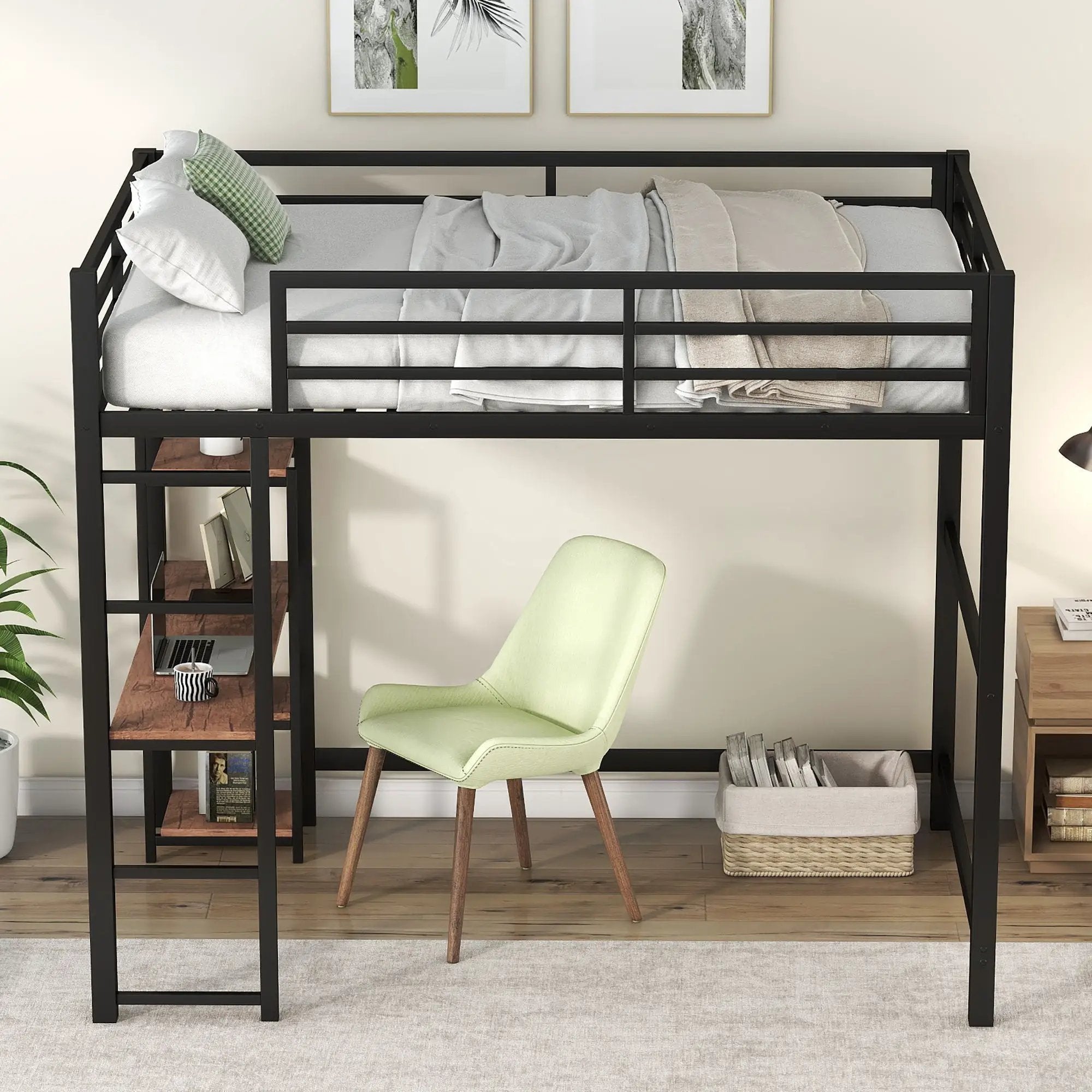 Loft Bed With Built In Desk And Storage Shelves, Full Size - Black by Unique Piece Furniture