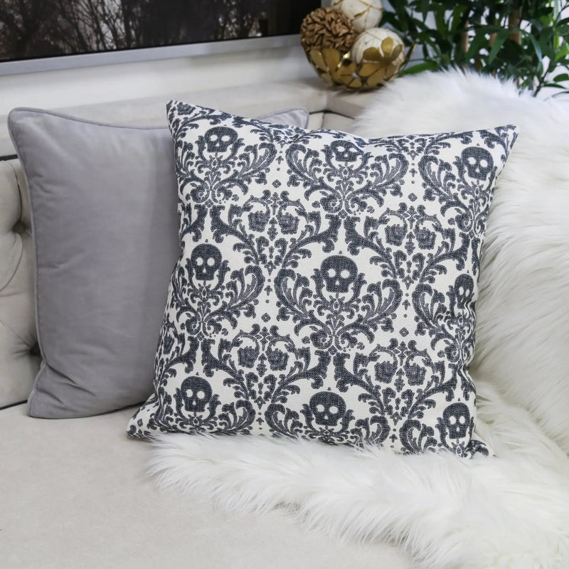 Baroque Skull Damask Accent Pillow – Black & White Day of the Dead Accent Cushion by HouseOfZazla