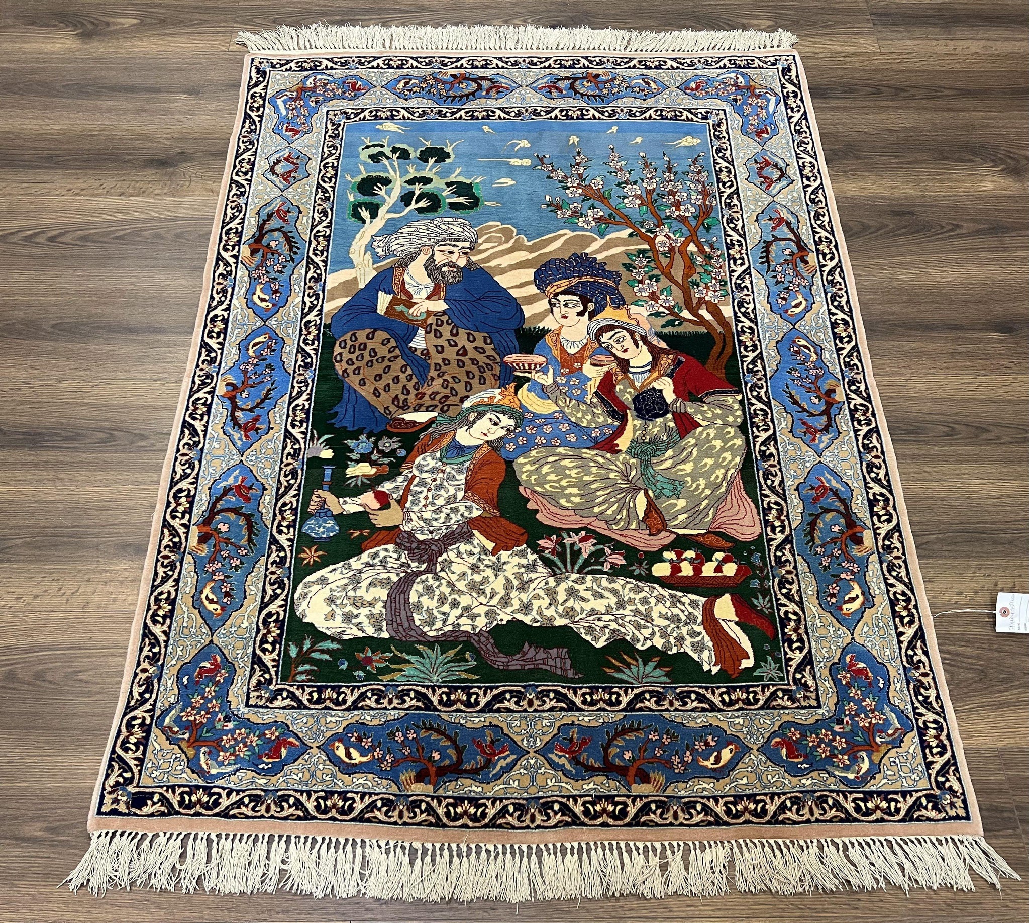 Fine Persian Isfahan Pictorial Rug 3.7 x 5, Kork Wool on Silk Foundation, Blue Persian Carpet, Hand Knotted, Humans Birds, High KPSI, Semi Antique by Jewel Rugs
