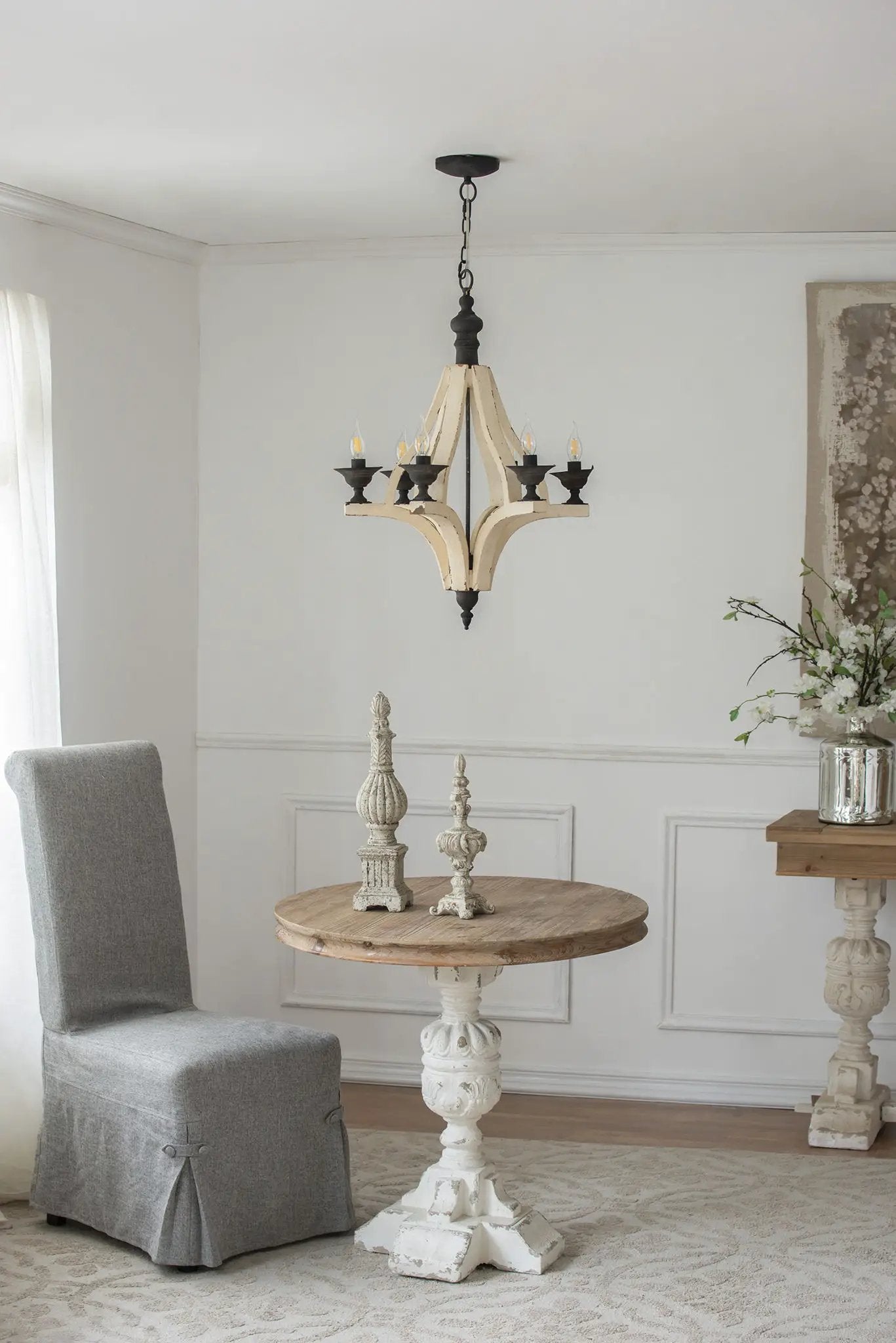 6 Light Wood Chandelier, Hanging Light Fixture With Adjustable Chain For Kitchen, Bulb Not Included - Cream by HouseOfZazla