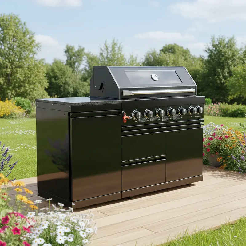 63" 6-Burner 85,000 BTU Black Outdoor Kitchen Island Grill + Marble Countertops by Chery Industrial