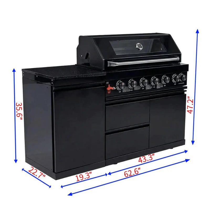 63" 6-Burner 85,000 BTU Black Outdoor Kitchen Island Grill + Marble Countertops by Chery Industrial
