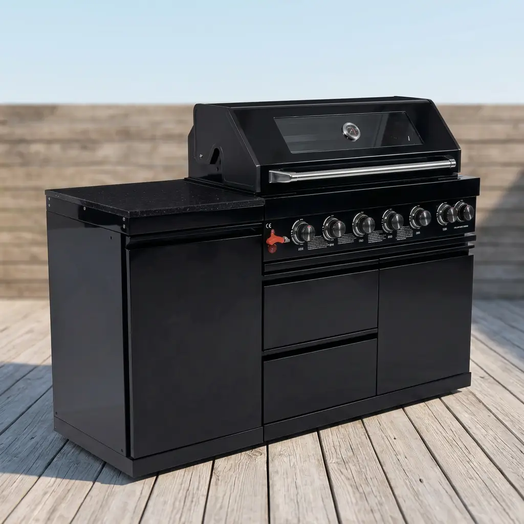 63" 6-Burner 85,000 BTU Black Outdoor Kitchen Island Grill + Marble Countertops by Chery Industrial