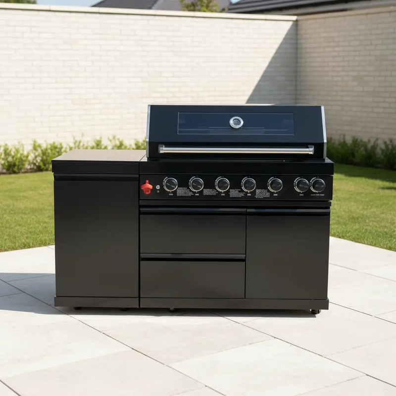 63" 6-Burner 85,000 BTU Black Outdoor Kitchen Island Grill + Marble Countertops by Chery Industrial
