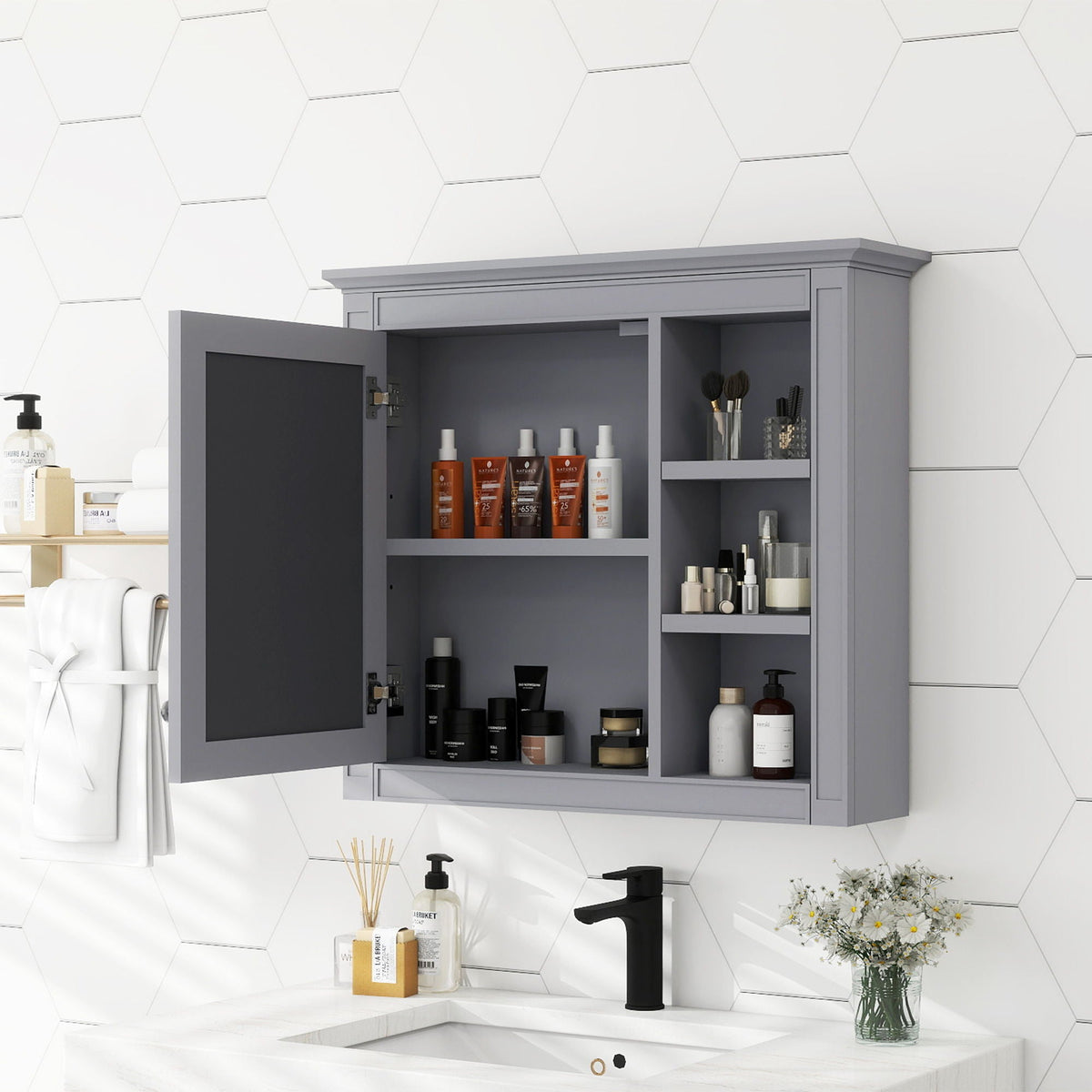 Wall Mounted Medicine Cabinet With Mirror And 3 Open Shelves, photo 13 of 28
