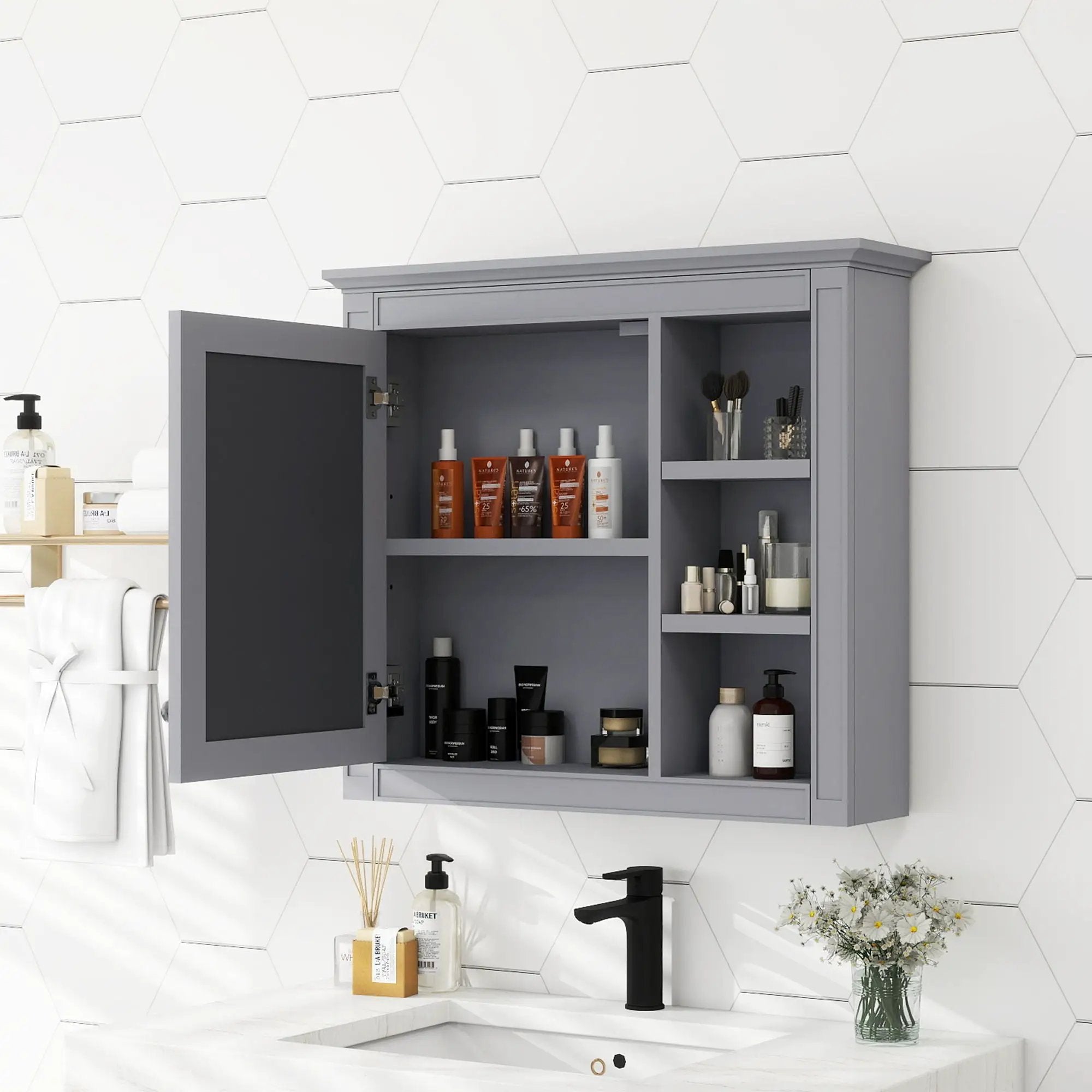 Wall Mounted Medicine Cabinet With Mirror And 3 Open Shelves by Unique Piece Furniture