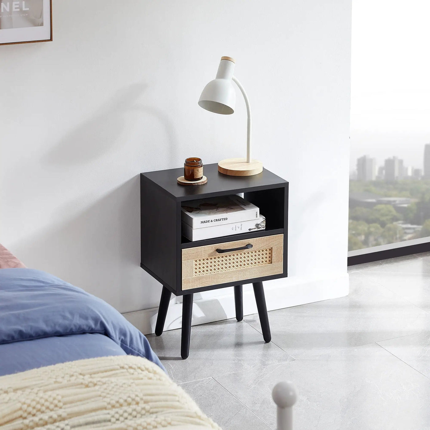 15.75" Rattan End Table With Drawer And Solid Wood Legs, Modern Nightstand, Side Table For Living Room, Bedroom by Unique Piece Furniture