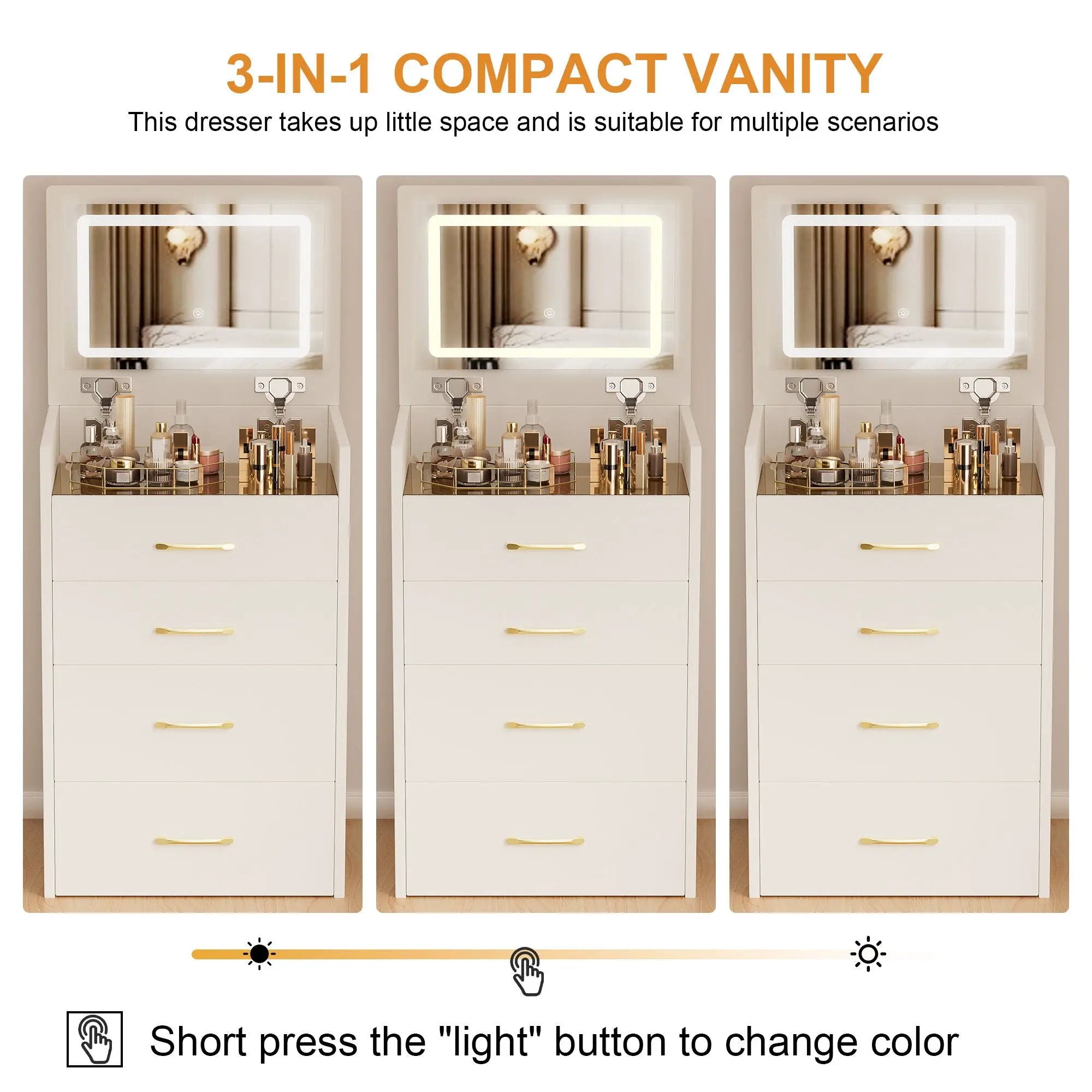 Compact 3 In 1 Vanity Desk With Open Top Mirror, Glass Desktop, 5 Height - White by HouseOfZazla