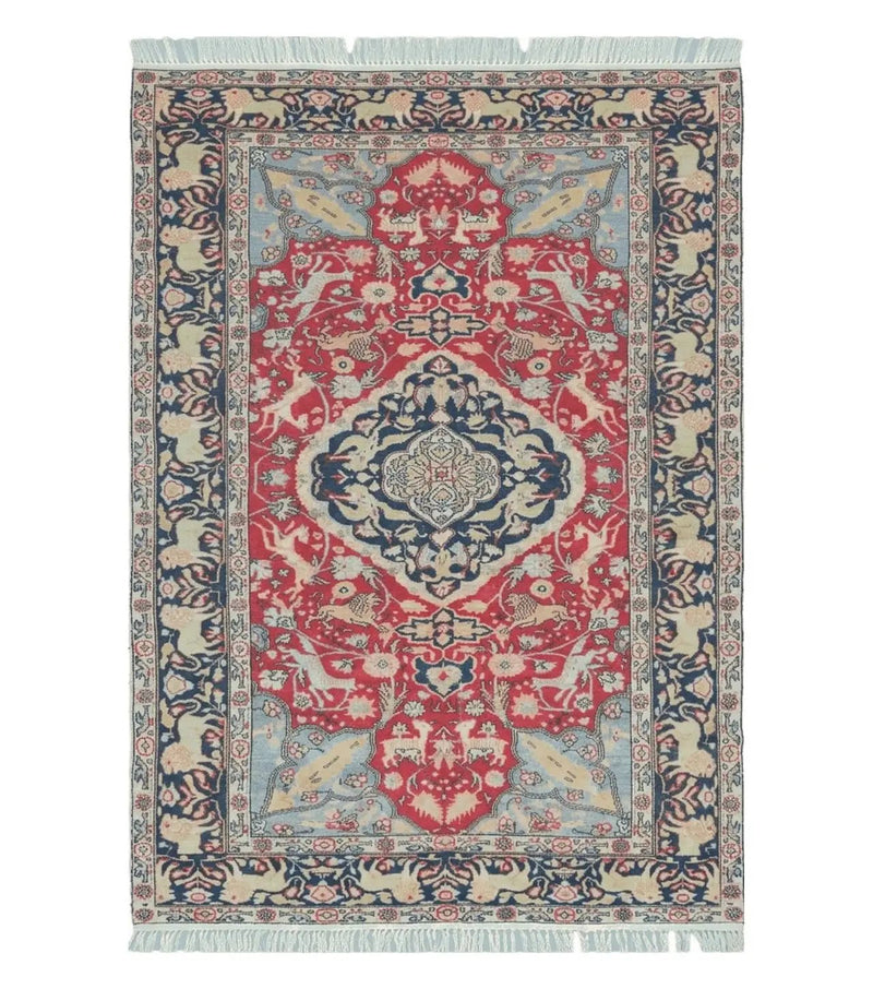 Antique Silk Turkish Kayseri Rug 4.5 x 6.7, Animal Pictorials Lions Deer Floral Medallion, Red Light Blue Navy, Hand Knotted Oriental Carpet by Jewel Rugs