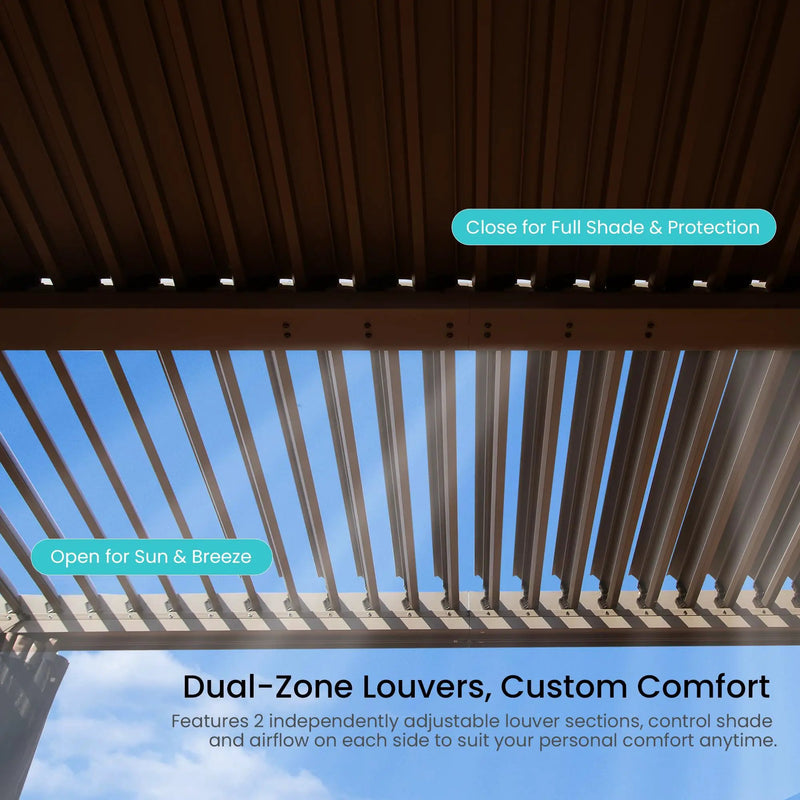10x10 FT Outdoor Louvered Pergola with Adjustable Louvers - Brown by HouseOfZazla
