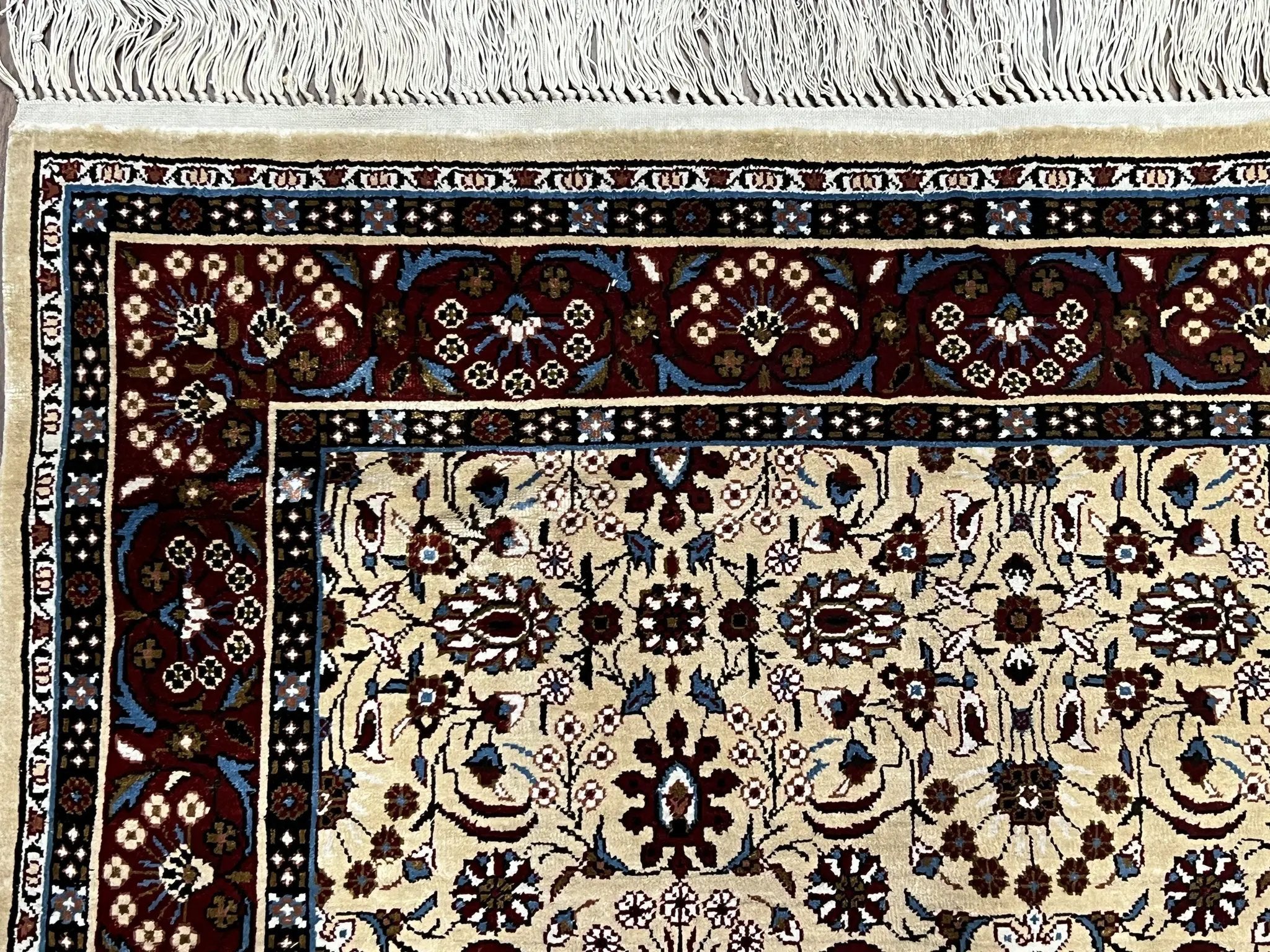 Fine Sino-Persian Silk Rug 3x5, High Quality Silk Carpet, Handmade Small Silk Rug, Allover Repeated Motif, Tan Maroon Blue Vintage Silk Rug by Jewel Rugs