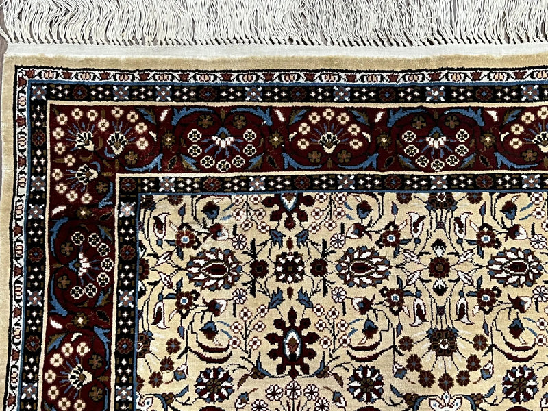 Fine Sino-Persian Silk Rug 3x5, High Quality Silk Carpet, Handmade Small Silk Rug, Allover Repeated Motif, Tan Maroon Blue Vintage Silk Rug by Jewel Rugs
