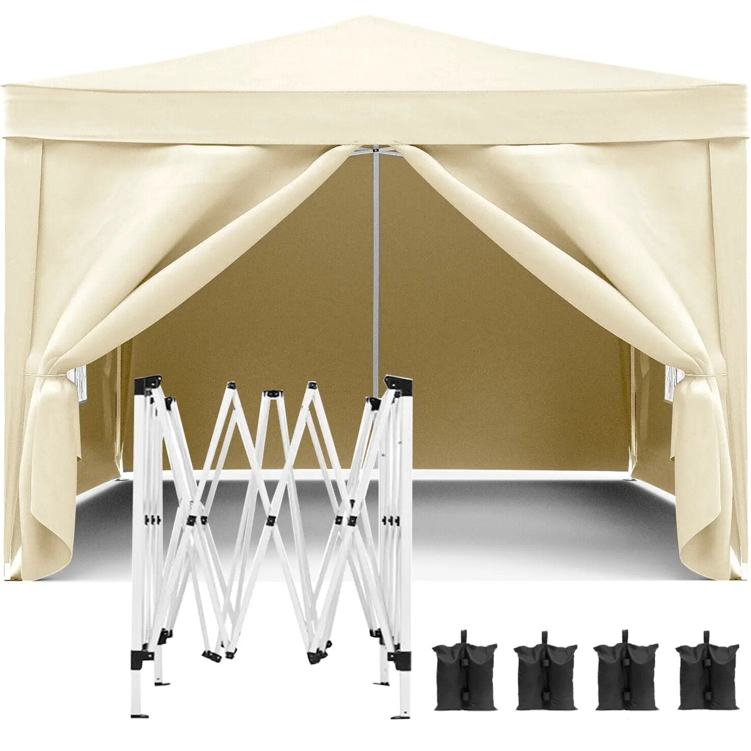 10'X10' Folding Canopy With 4 Removable Sidewalls Outdoor Event Shelter UPF 50+ Gazebo Portable Tents For Parties Beach Camping Wedding Ez Pop Up Canopy 4 Pieces Weight Bag + Carry Bag by Unique Piece Furniture
