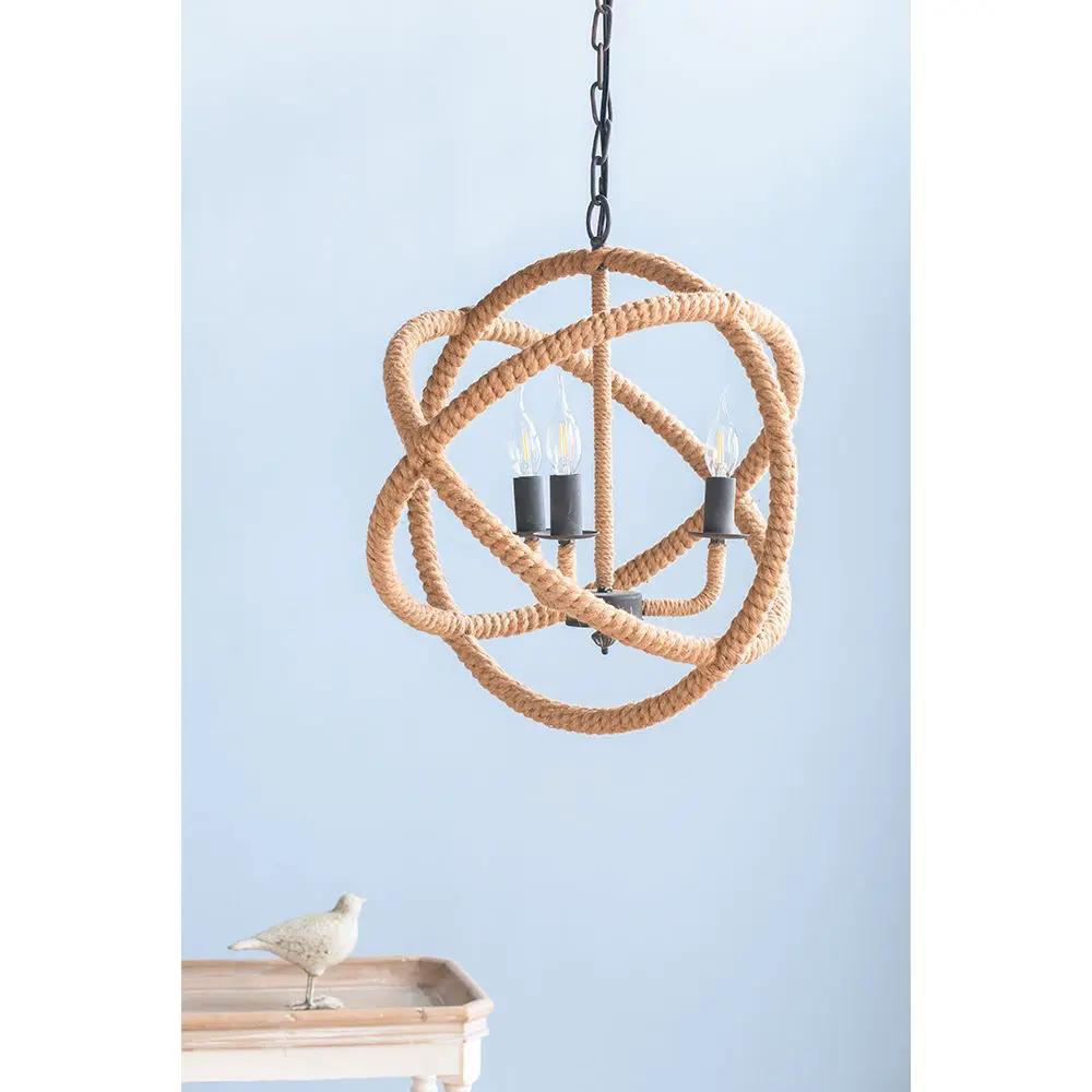 3 Light Farmhouse Chandelier, Rope Chandelier Globe Hanging Light Fixture With With Adjustable Chain For Kitchen, Bulb Not Included - Beige Brown by Unique Piece Furniture