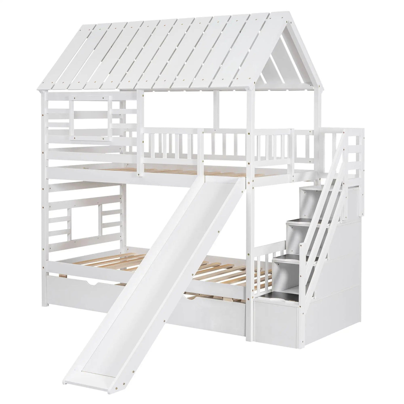 House Bunk Bed With Trundle, Storage Staircase, Roof And Window Design by HouseOfZazla