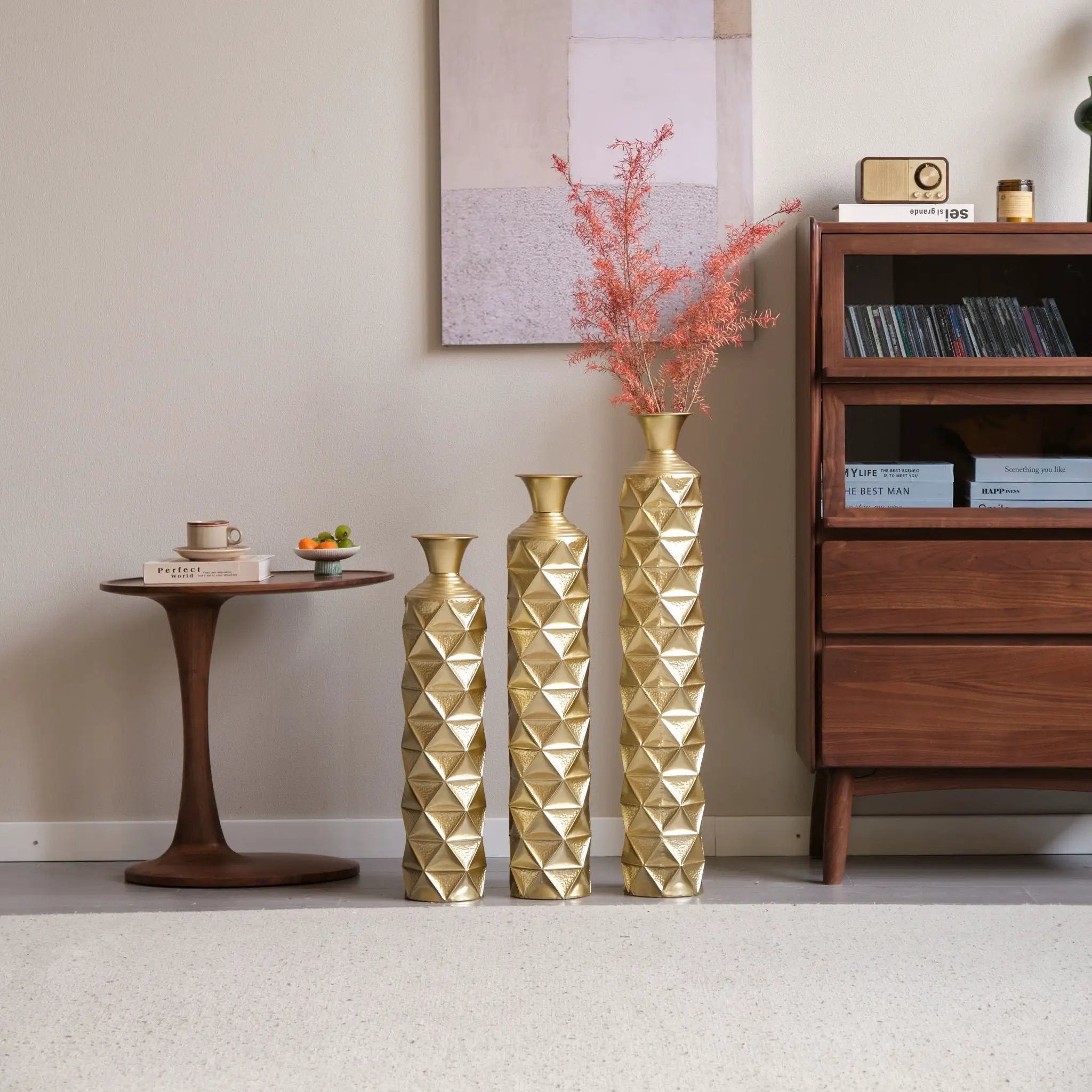 Metal Decorative Vase High Distress Metal Center Vase With 3D Triangle Pattern, (Set of 3) Vases For Home Decoration - Gold by HouseOfZazla