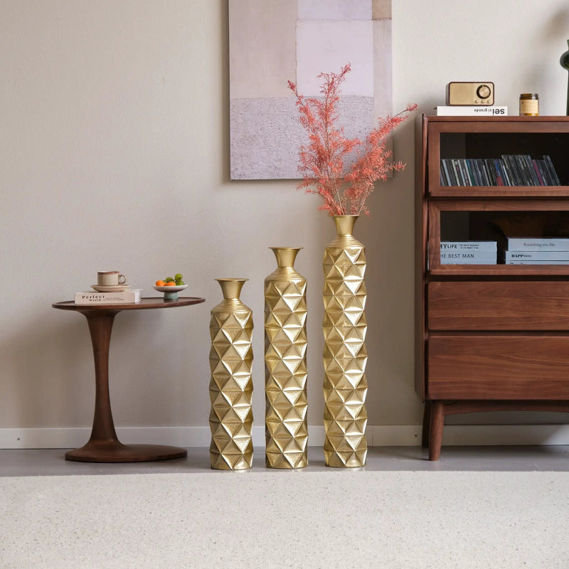 Metal Decorative Vase High Distress Metal Center Vase With 3D Triangle Pattern, (Set of 3) Vases For Home Decoration - Gold by HouseOfZazla
