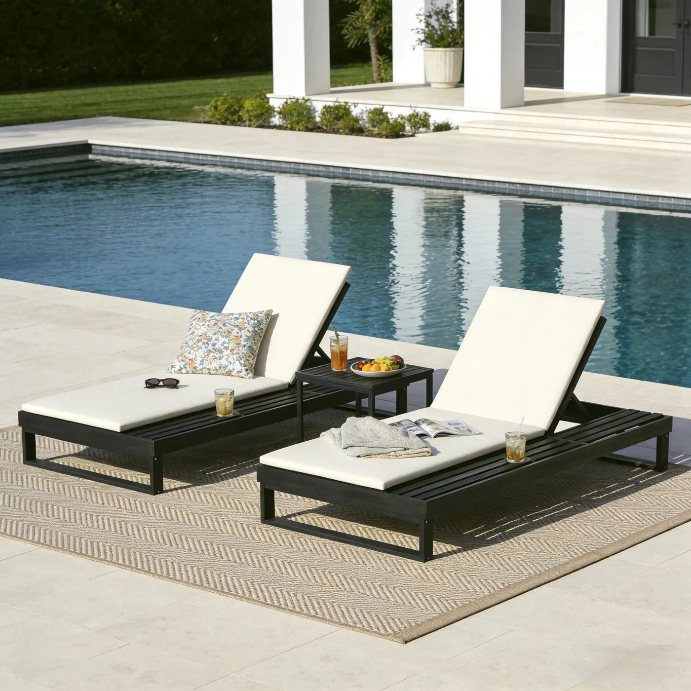 Black Acacia Wood Chaise Lounge with 1.57-Inch Cushions by HouseOfZazla