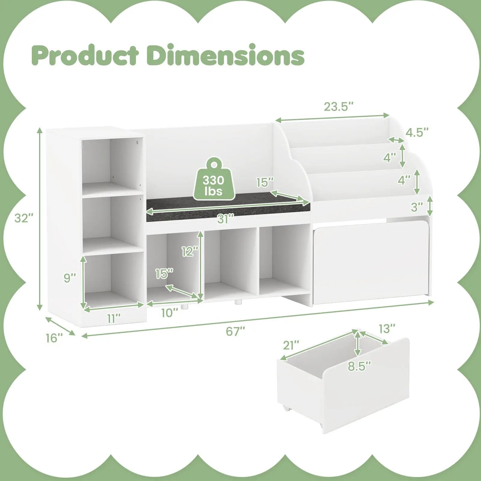 Kids Bookcase with Reading Nook 4-in-1 Standing Toy Organizer-White by DirectDeals
