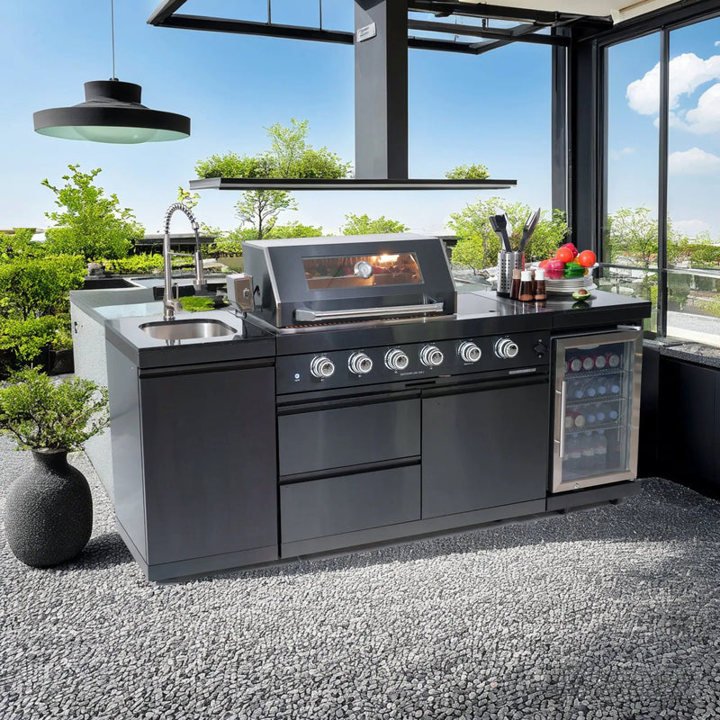 NG 85" 4-Burner 72,000 BTU Black Outdoor Kitchen Island Grill + Refrigerator + Sink by Chery Industrial