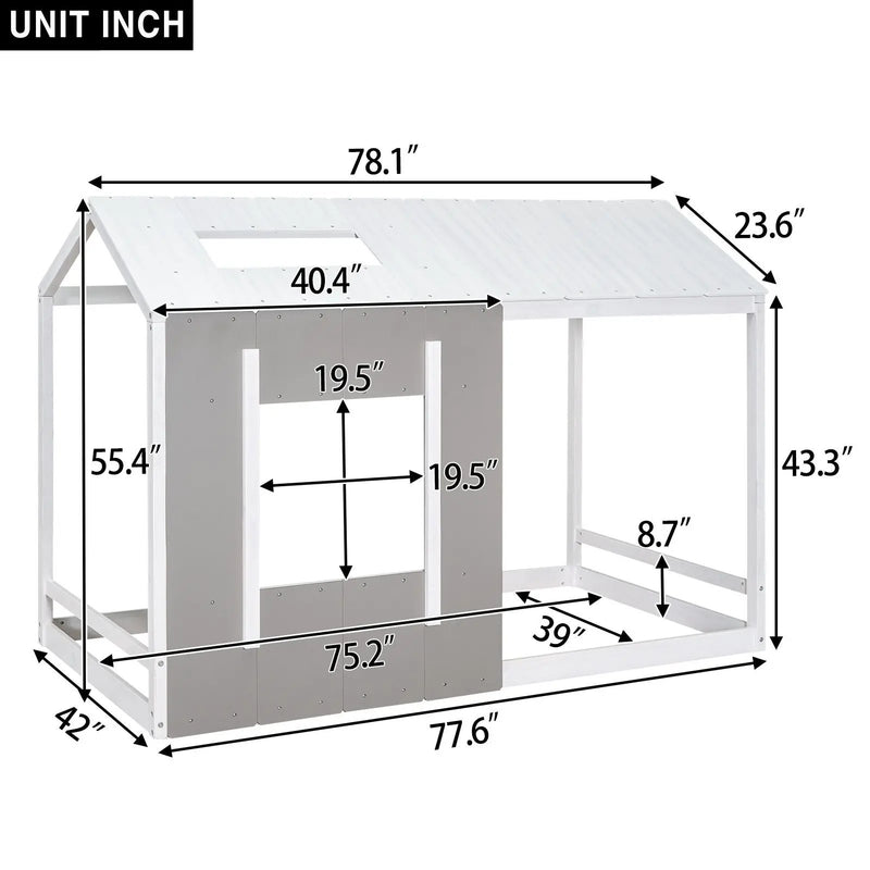 Twin Size House Platform Bed With Roof And Window - Natural / White by Unique Piece Furniture