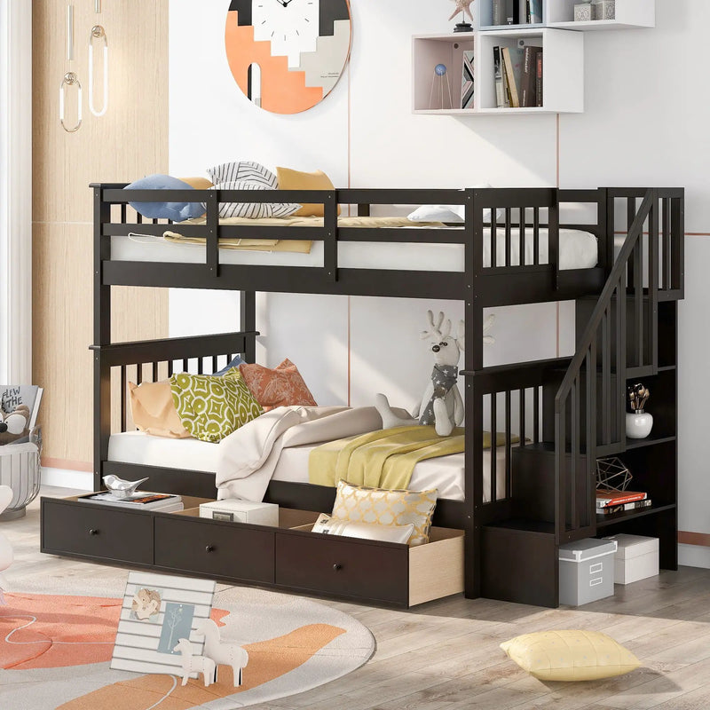 Stairway Bunk Bed With Storage And Guard Rail For Bedroom by HouseOfZazla