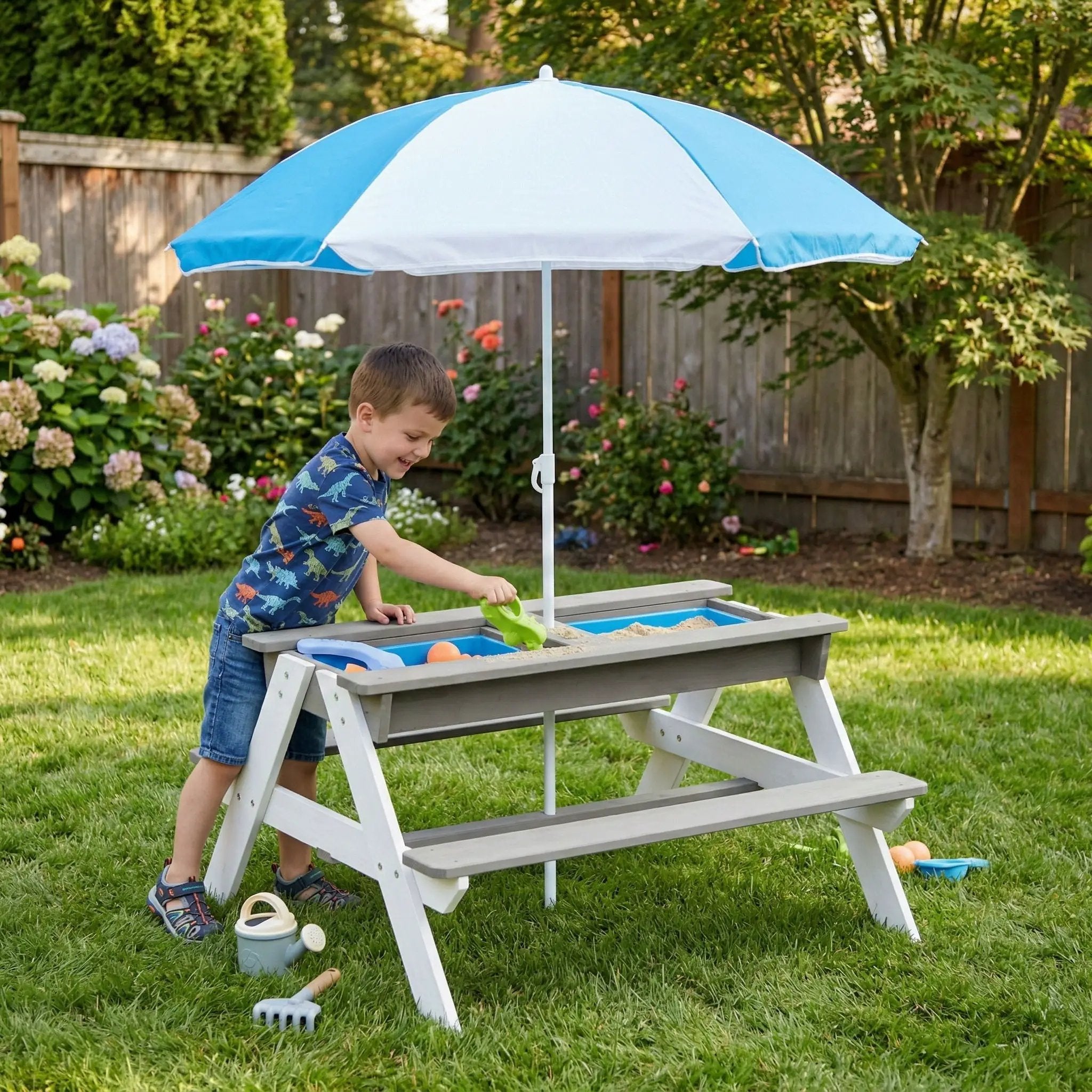 3-In-1 Kids Outdoor Wooden Picnic Table With Umbrella, Convertible Sand & Water, ASTM & CPSIA Certification by Unique Piece Furniture