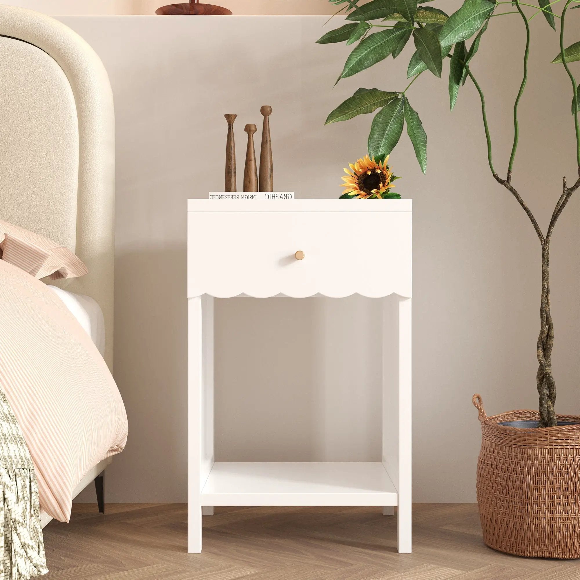 Nightstand With Drawer And Open Shelf, Scalloped Edge Bedside Table by HouseOfZazla