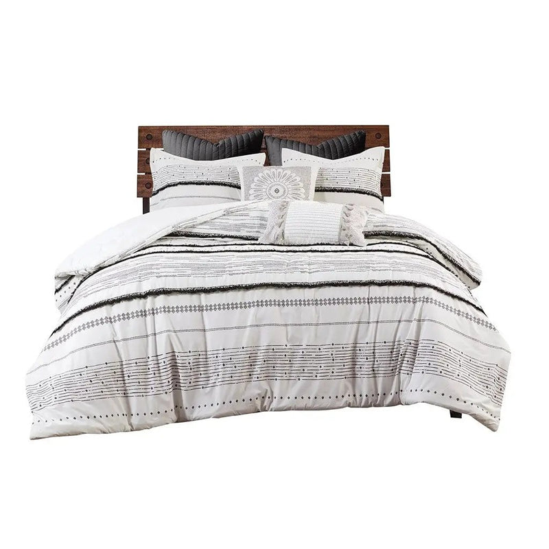 Cotton Printed Comforter Set with Trims Black/White Full/Queen by HouseOfZazla