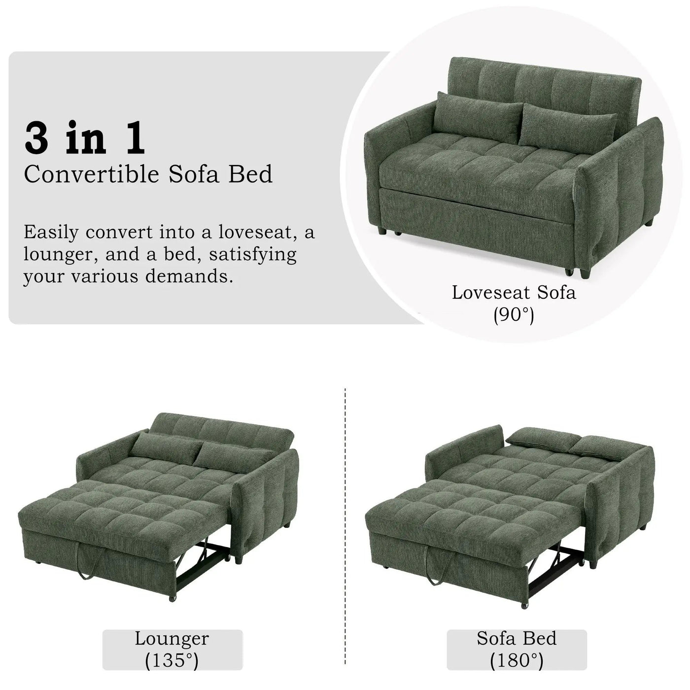 Loveseat Sofa Pull-Out Bed With Adjustable Backrest, 3 USB Ports And 2 Lumbar Pillows For Living Room by Unique Piece Furniture