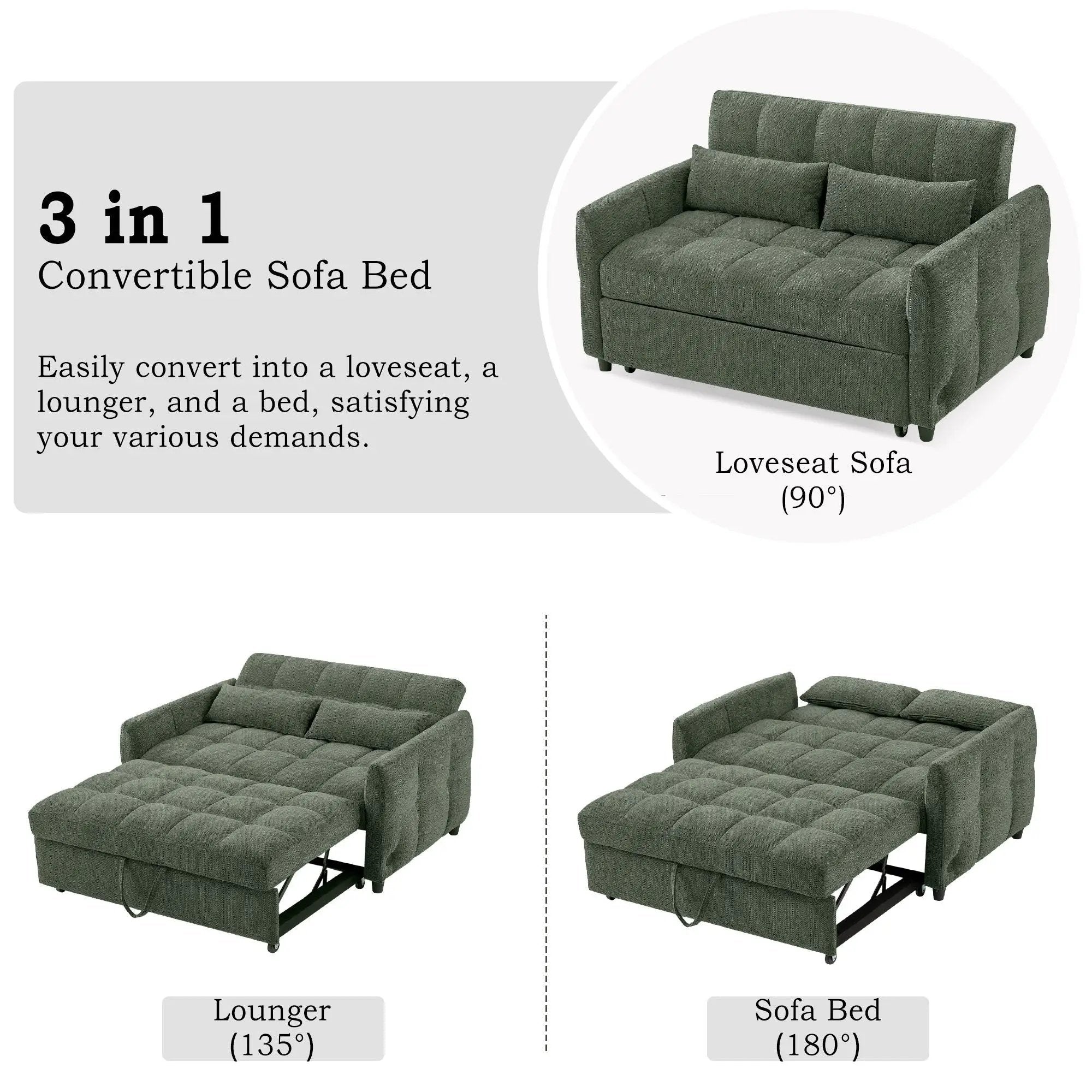 Loveseat Sofa Pull-Out Bed With Adjustable Backrest, 3 USB Ports And 2 Lumbar Pillows For Living Room by Unique Piece Furniture