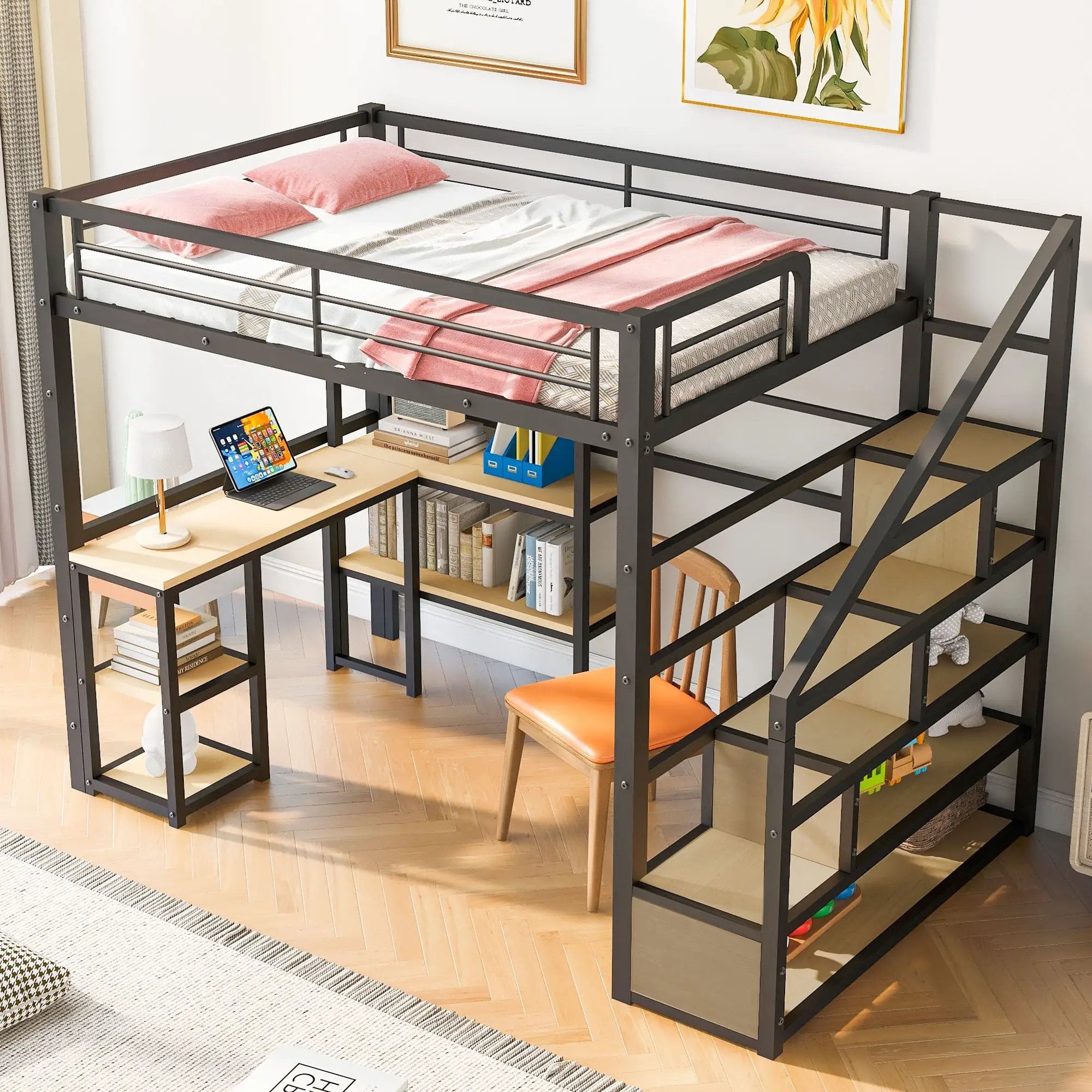 Full Size Loft Bed With Staircase, Built In Desk And Shelves And Sleeping Surface - Black by HouseOfZazla