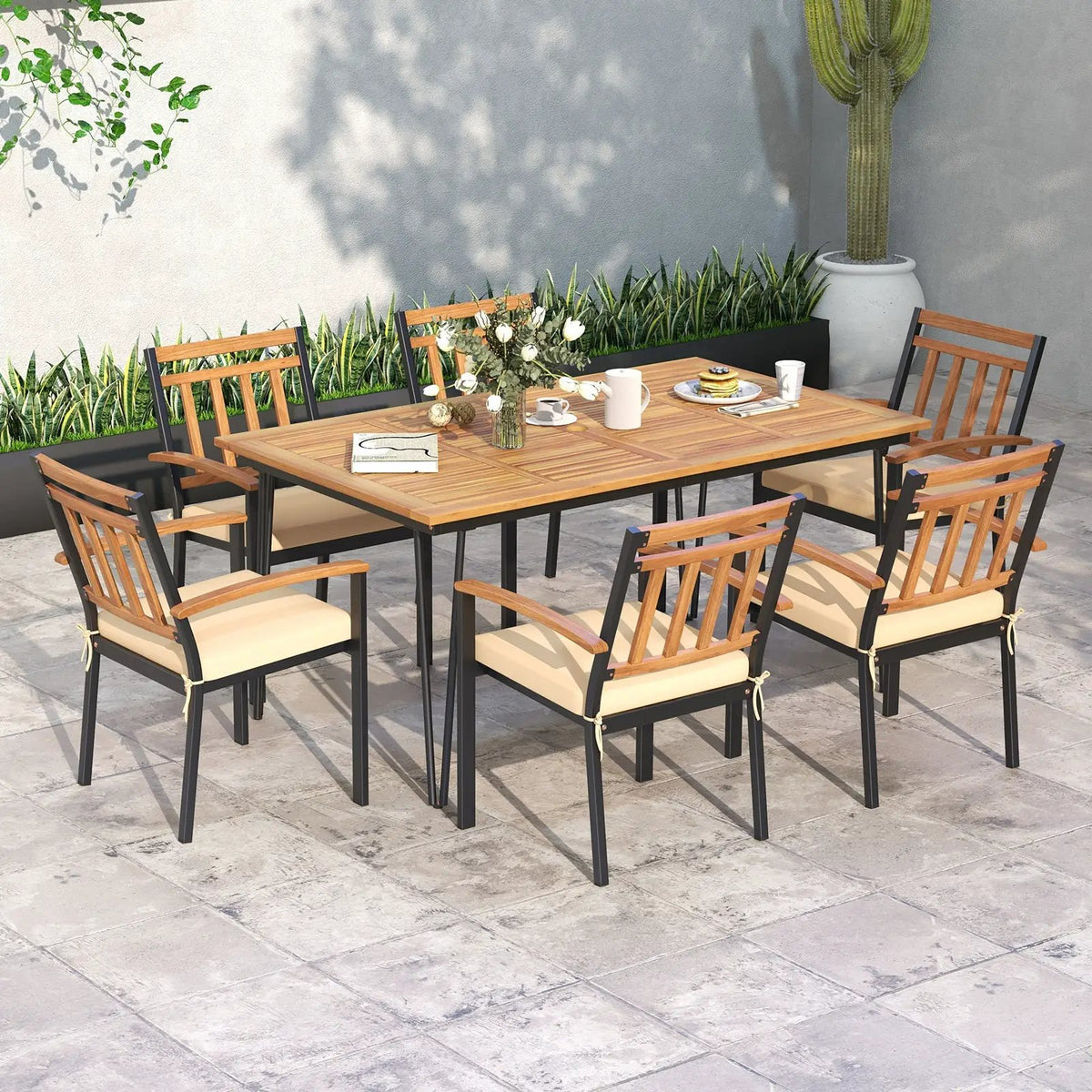 63 Inch Rectangular Outdoor Dining Table for 6 People with Acacia Wood Tabletop and Umbrella Hole by DirectDeals