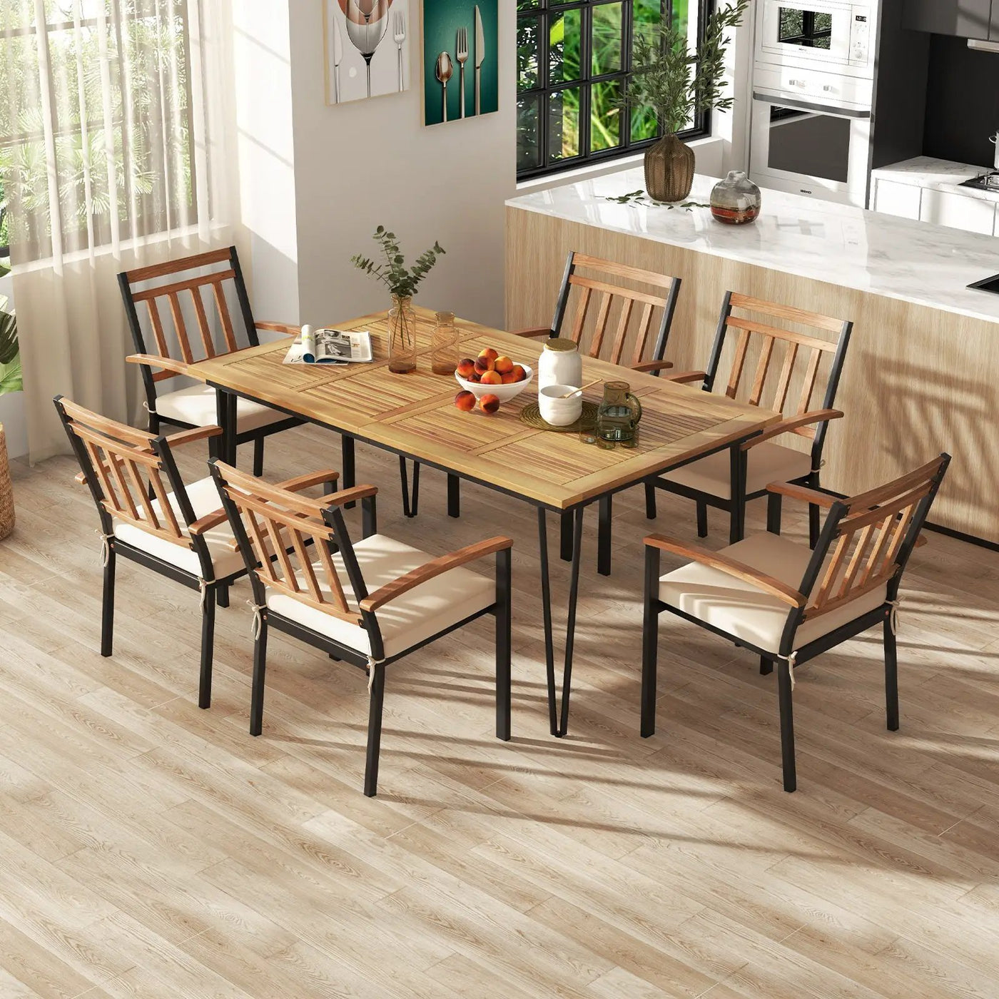 63 Inch Rectangular Outdoor Dining Table for 6 People with Acacia Wood Tabletop and Umbrella Hole by DirectDeals