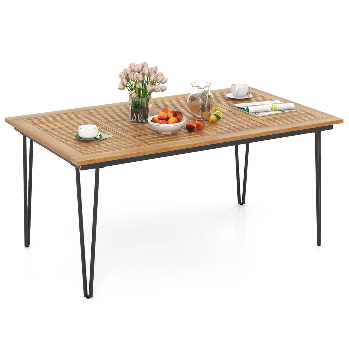 63 Inch Rectangular Outdoor Dining Table for 6 People with Acacia Wood Tabletop and Umbrella Hole by DirectDeals