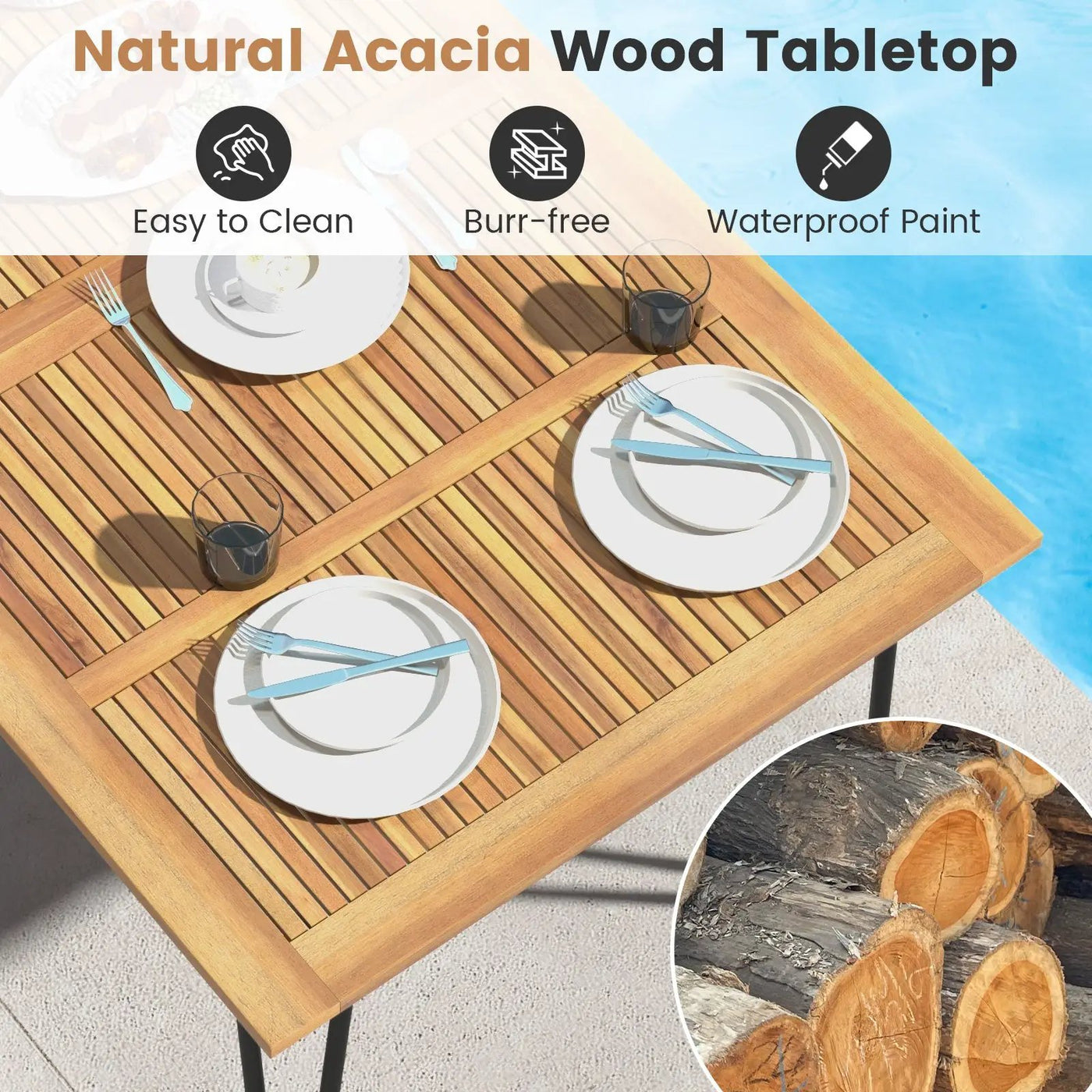 63 Inch Rectangular Outdoor Dining Table for 6 People with Acacia Wood Tabletop and Umbrella Hole by DirectDeals