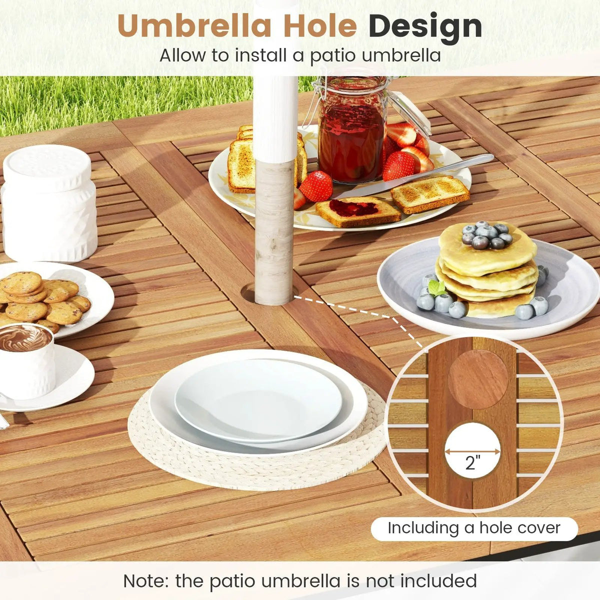 63 Inch Rectangular Outdoor Dining Table for 6 People with Acacia Wood Tabletop and Umbrella Hole by DirectDeals