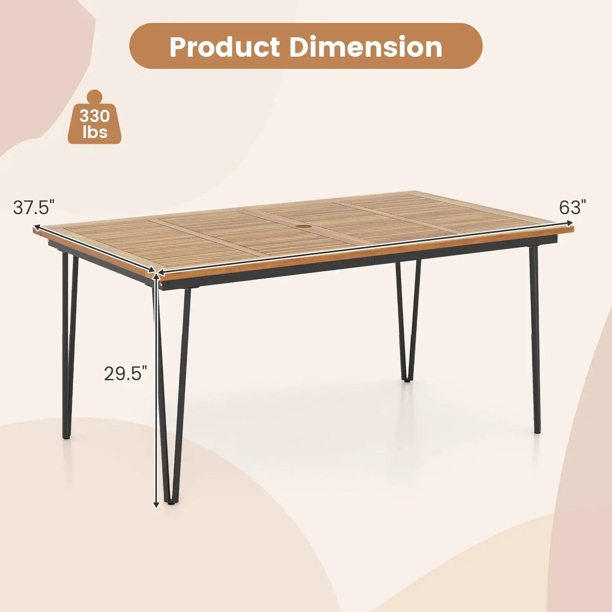 63 Inch Rectangular Outdoor Dining Table for 6 People with Acacia Wood Tabletop and Umbrella Hole by DirectDeals