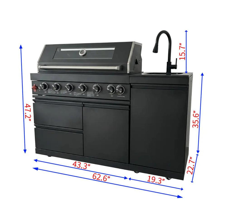 63" 6-Burner 85000 BTU Black Outdoor Kitchen Island Grill + Marble Countertops + Sink by Chery Industrial