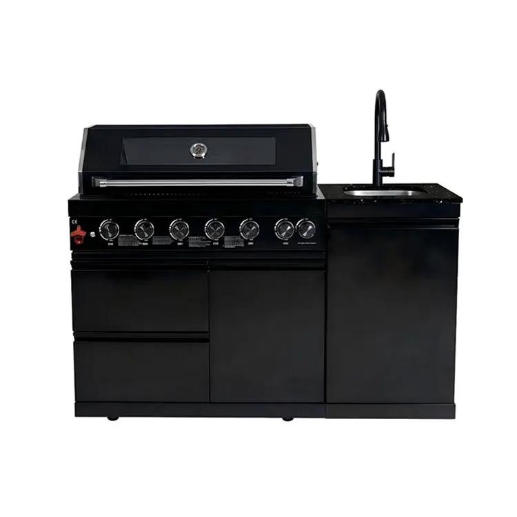 63" 6-Burner 85000 BTU Black Outdoor Kitchen Island Grill + Marble Countertops + Sink by Chery Industrial