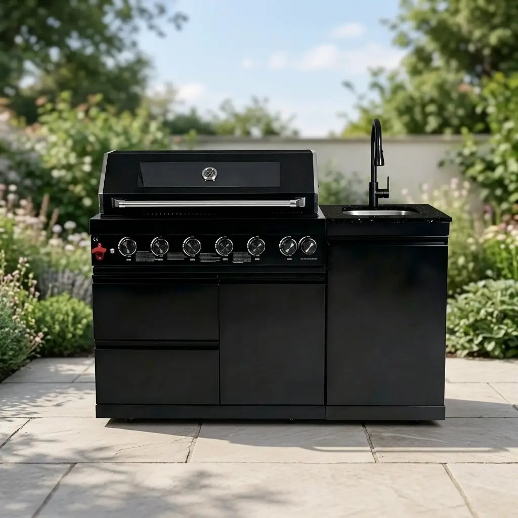 63" 6-Burner 85000 BTU Black Outdoor Kitchen Island Grill + Marble Countertops + Sink by Chery Industrial
