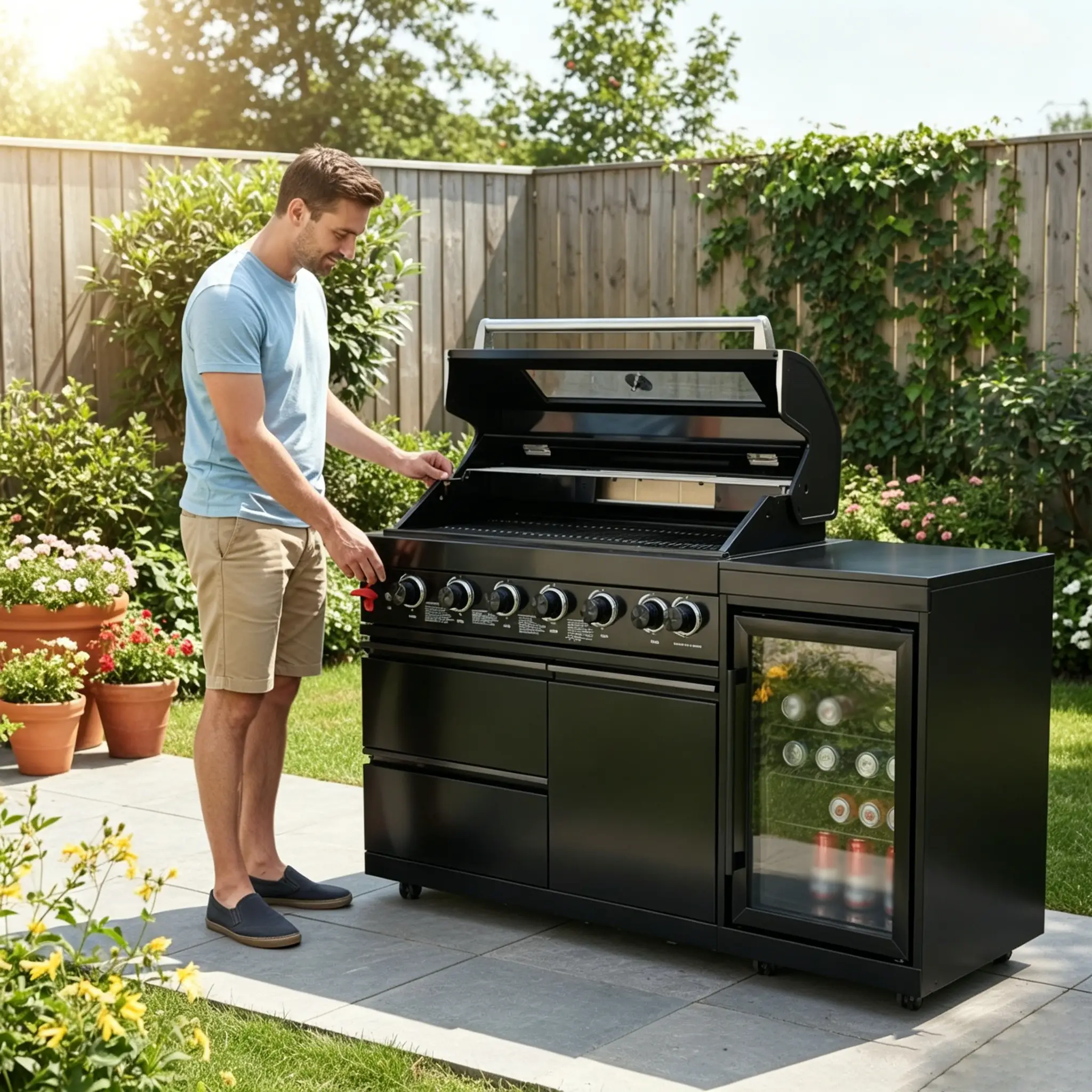 63" 6-Burner Black Outdoor Kitchen Island Grill + Fridge by Chery Industrial