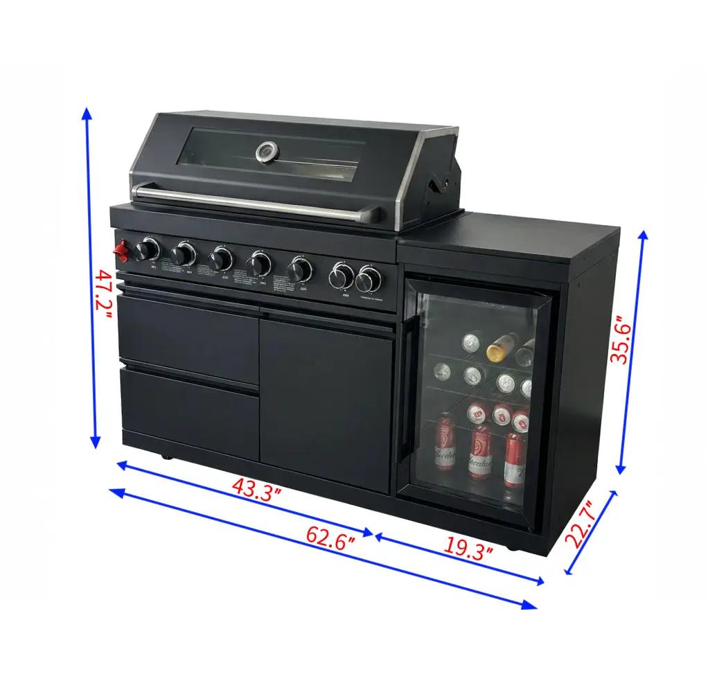 63" 6-Burner Black Outdoor Kitchen Island Grill + Fridge by Chery Industrial