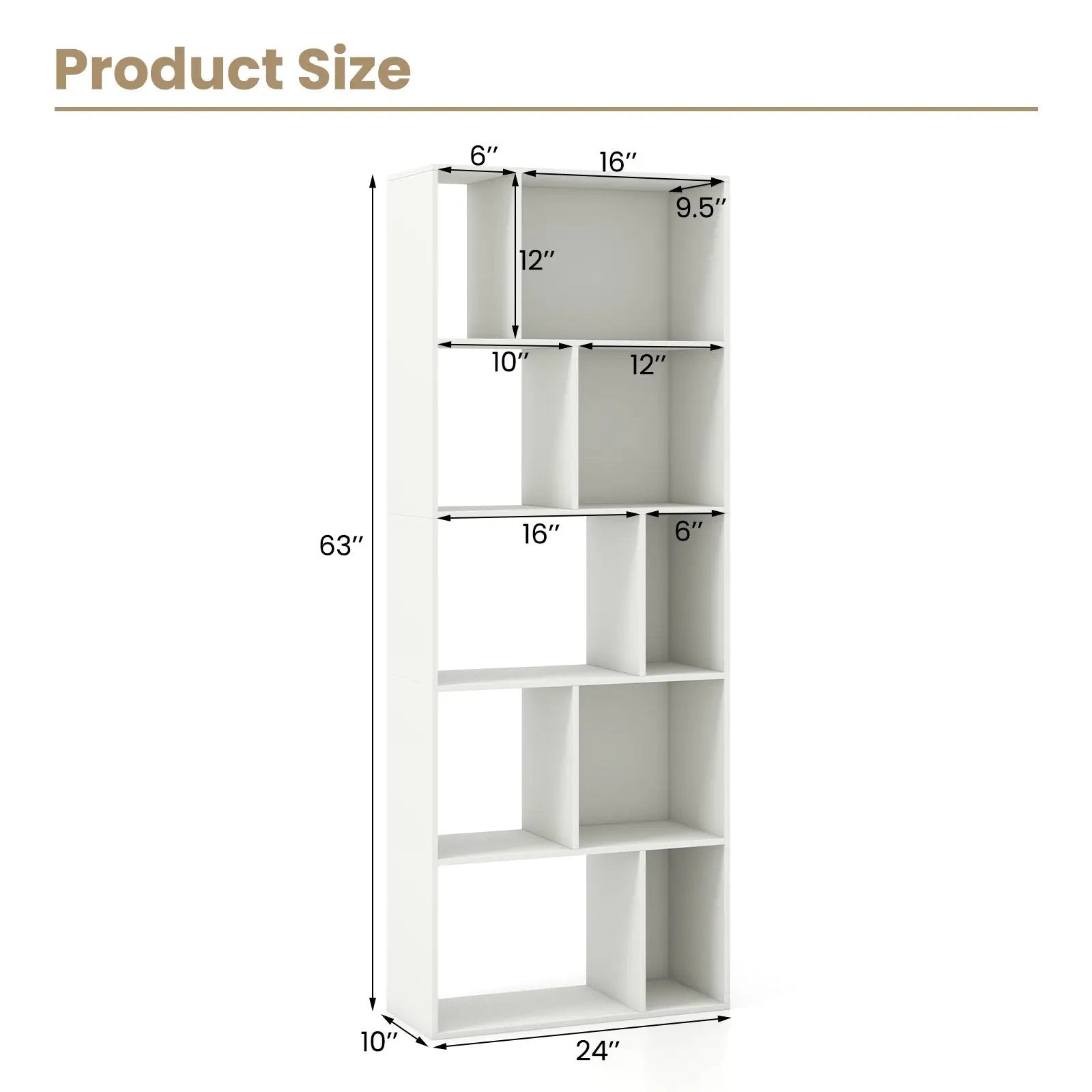 63 Inch 5-Tier Geometric 10-Cube Bookshelf Tall Bookcase-White by DirectDeals