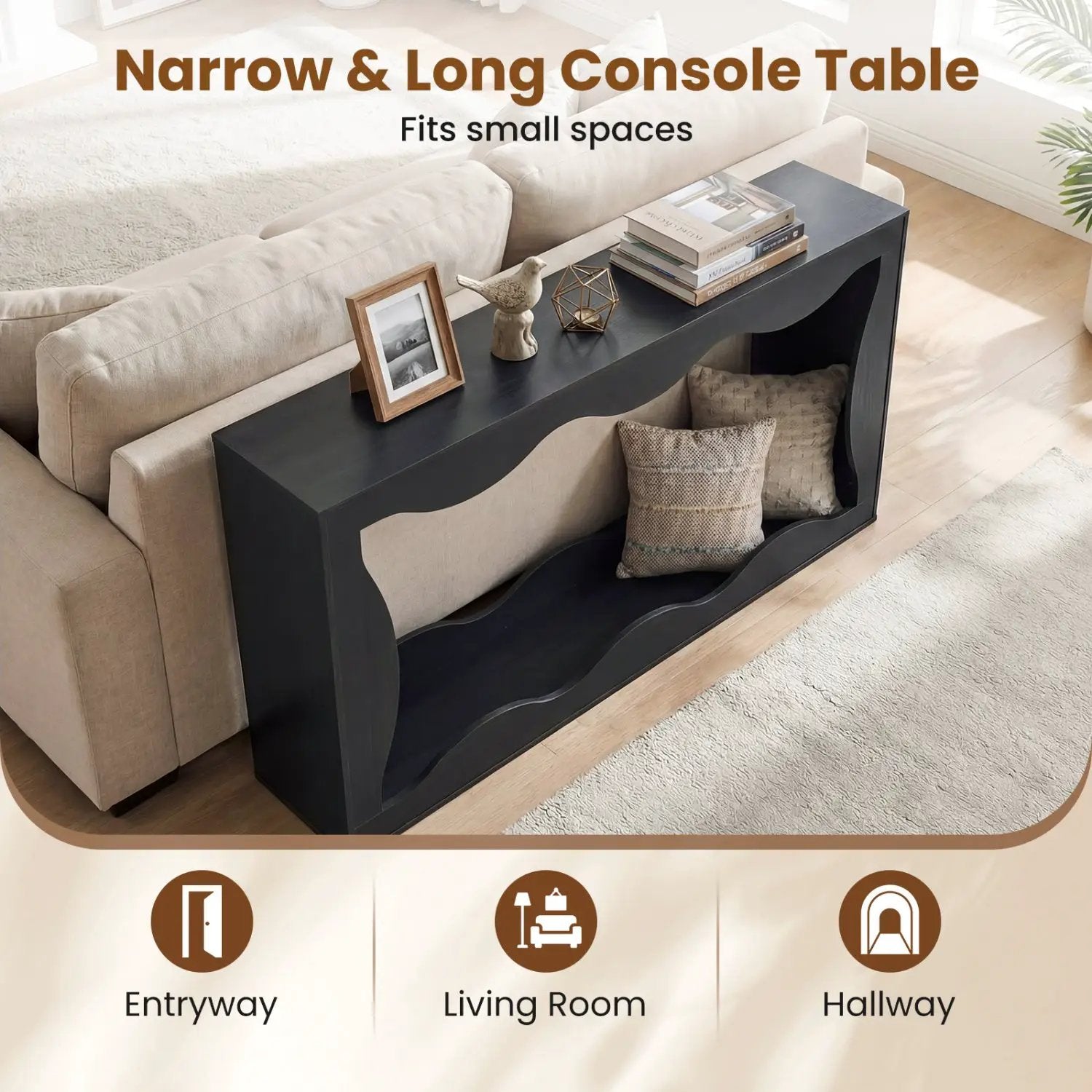 63 Inch Console Table 2-Tier Narrow Entryway Table with Wavy Edge Storage Shelf by DirectDeals