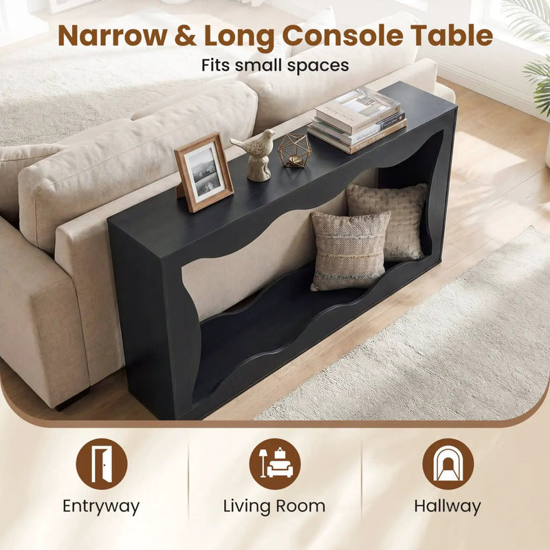 63 Inch Console Table 2-Tier Narrow Entryway Table with Wavy Edge Storage Shelf by DirectDeals