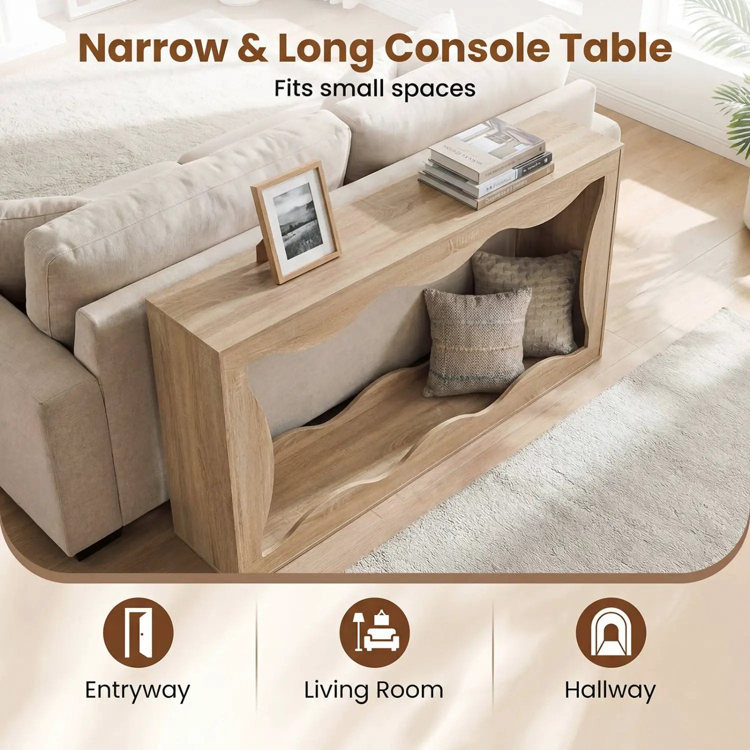 63 Inch Console Table 2-Tier Narrow Entryway Table with Wavy Edge Storage Shelf by DirectDeals