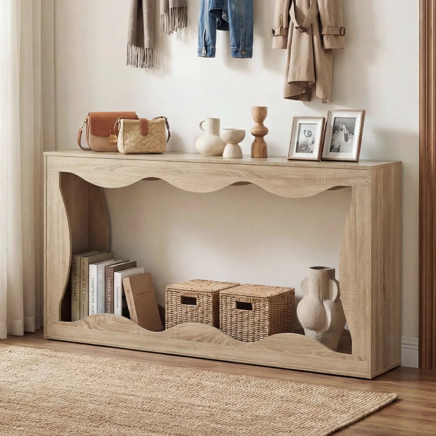 63 Inch Console Table 2-Tier Narrow Entryway Table with Wavy Edge Storage Shelf by DirectDeals