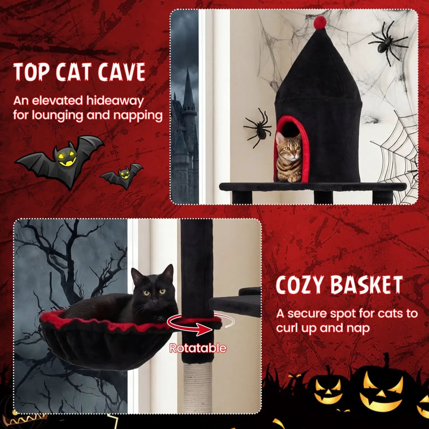 63 Inch Gothic Cat Tree with Condo and Top Cave for Large Cats 20+ LBS by DirectDeals